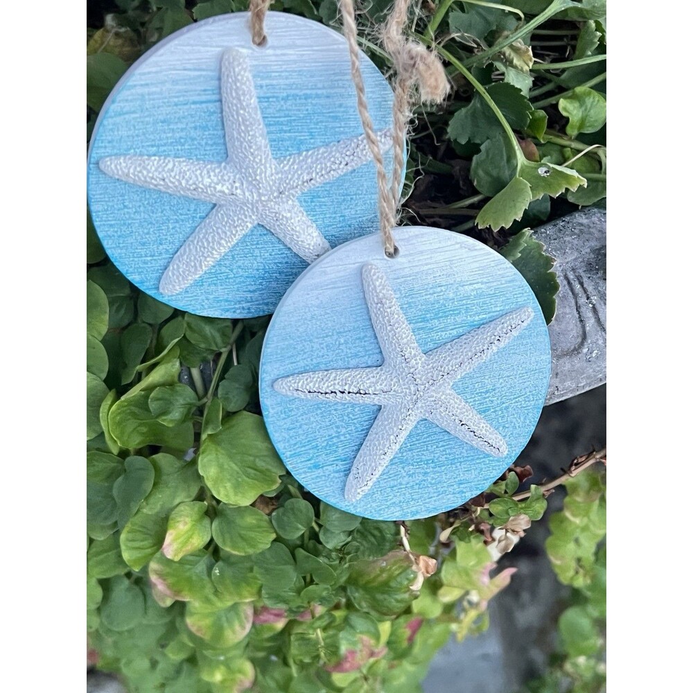 Coastal Starfish Christmas Ornaments Set of 2 Blue White Resin Beach Nautical